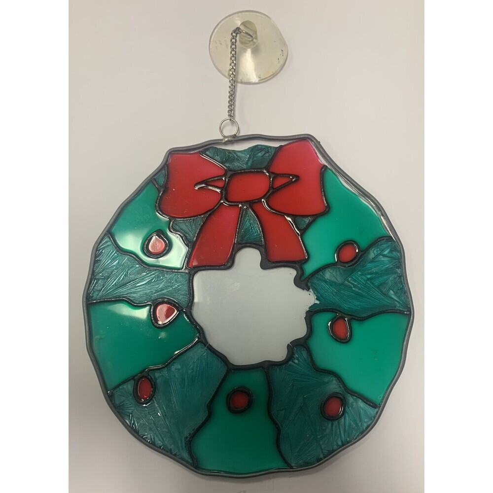 Vintage Stained Glass Christmas Wreath Window Ornament 5.5”x5.5”